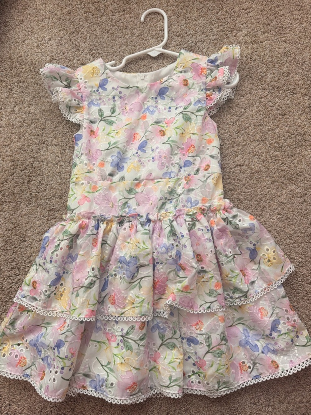 Rare Editions White Floral Ruffle Dress with Pastel Blooms